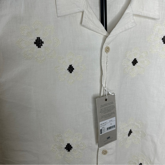 NWT Folk White Casual Linen Button Down Shirt with Black/Ivory Embroidery XL - Picture 4 of 6